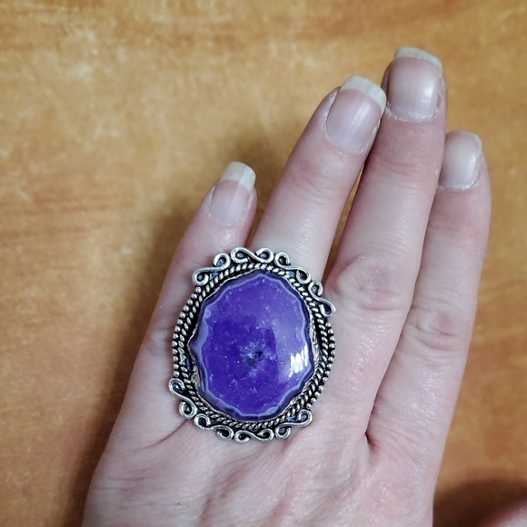 New Huge Purple Agate Druzy 925 Silver Statement Ring. - Picture 5 of 8